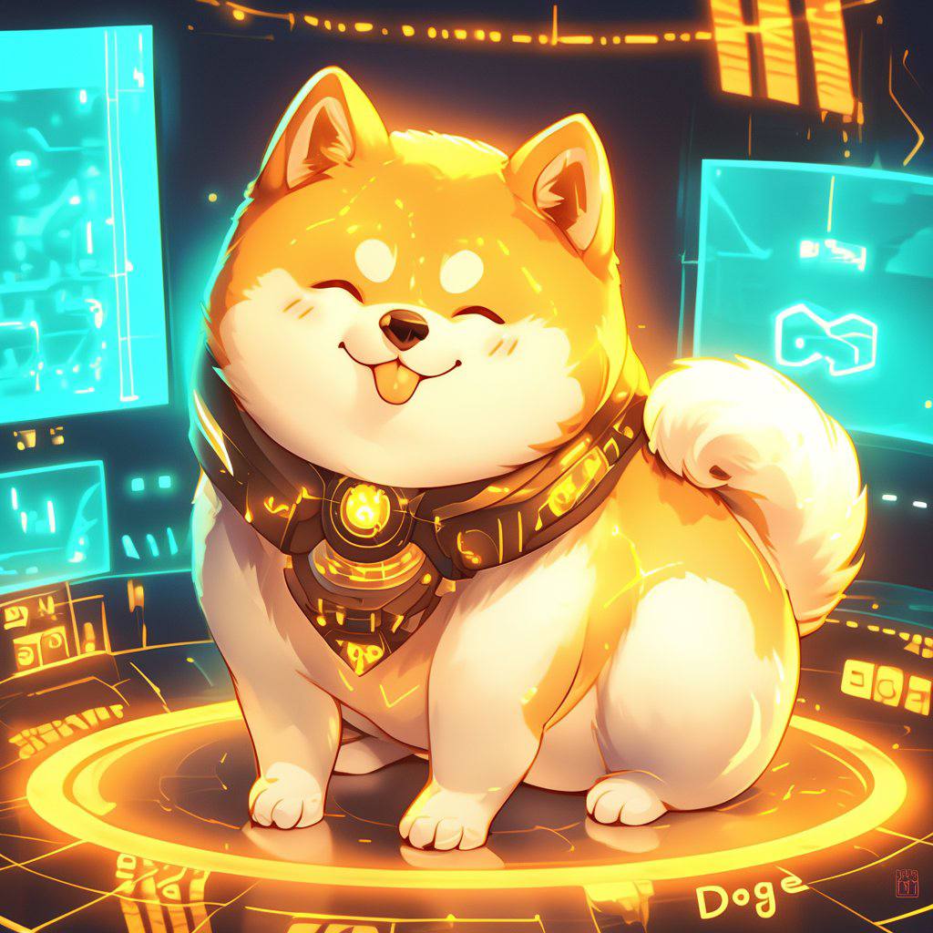 Glowing golden BNBDOGE Shiba Inu in a futuristic BNB-styled chamber